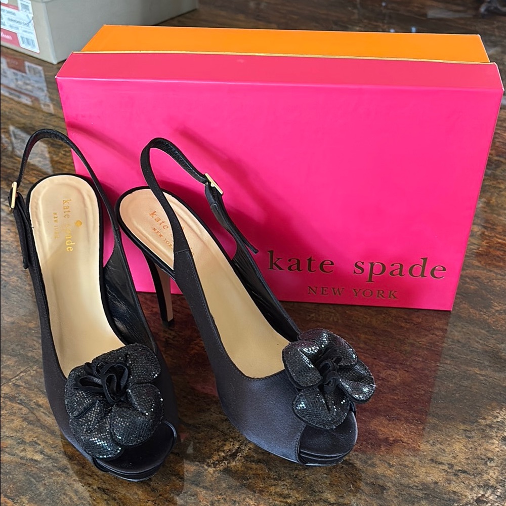 Kate Spade Black Satin Slingback Heels with Floral Accent